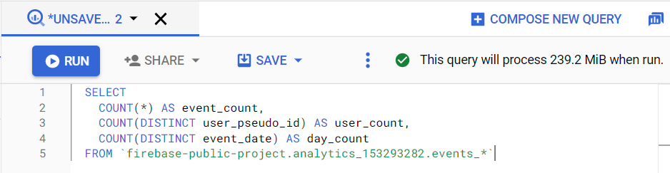 쿼리 유효성 검사 및 쿼리 크기를 보여주는 BigQuery UI