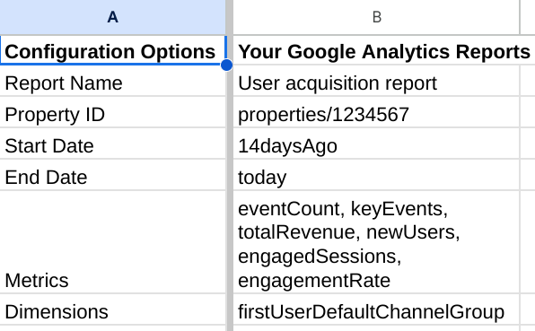 Foglio di configurazione dei report del componente aggiuntivo Fogli Google per Analytics