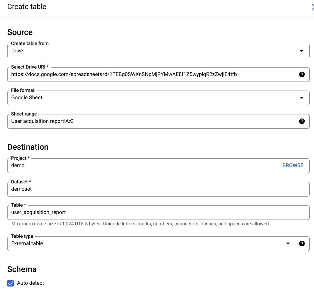 Configuración de la tabla externa de BigQuery, parte 1