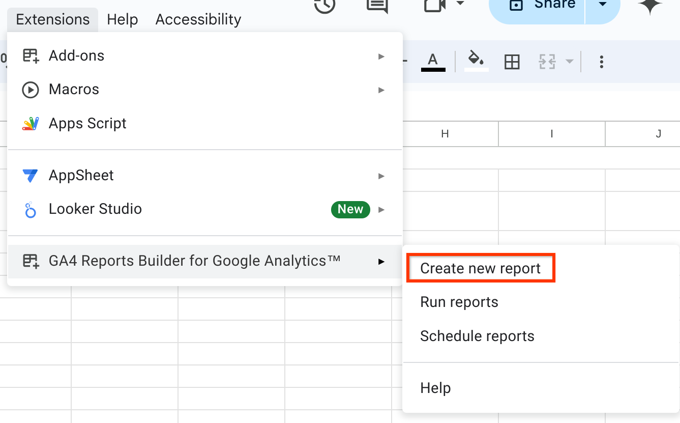 Abra o complemento das Planilhas Google do Analytics 