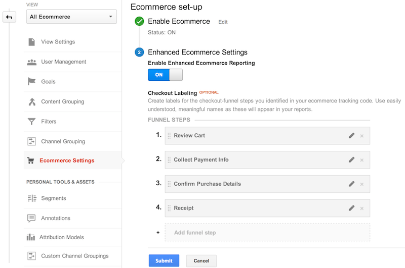E-Commerce-Einstellungen im Bereich „Verwaltung“ der Google Analytics-Weboberfläche. E-Commerce ist aktiviert und vier Labels für den Bezahlvorgang-Trichter wurden hinzugefügt: 1. Rezensionswagen, 2. Zahlungsinformationen erfassen, 3. Kaufdetails bestätigen, 4. Beleg