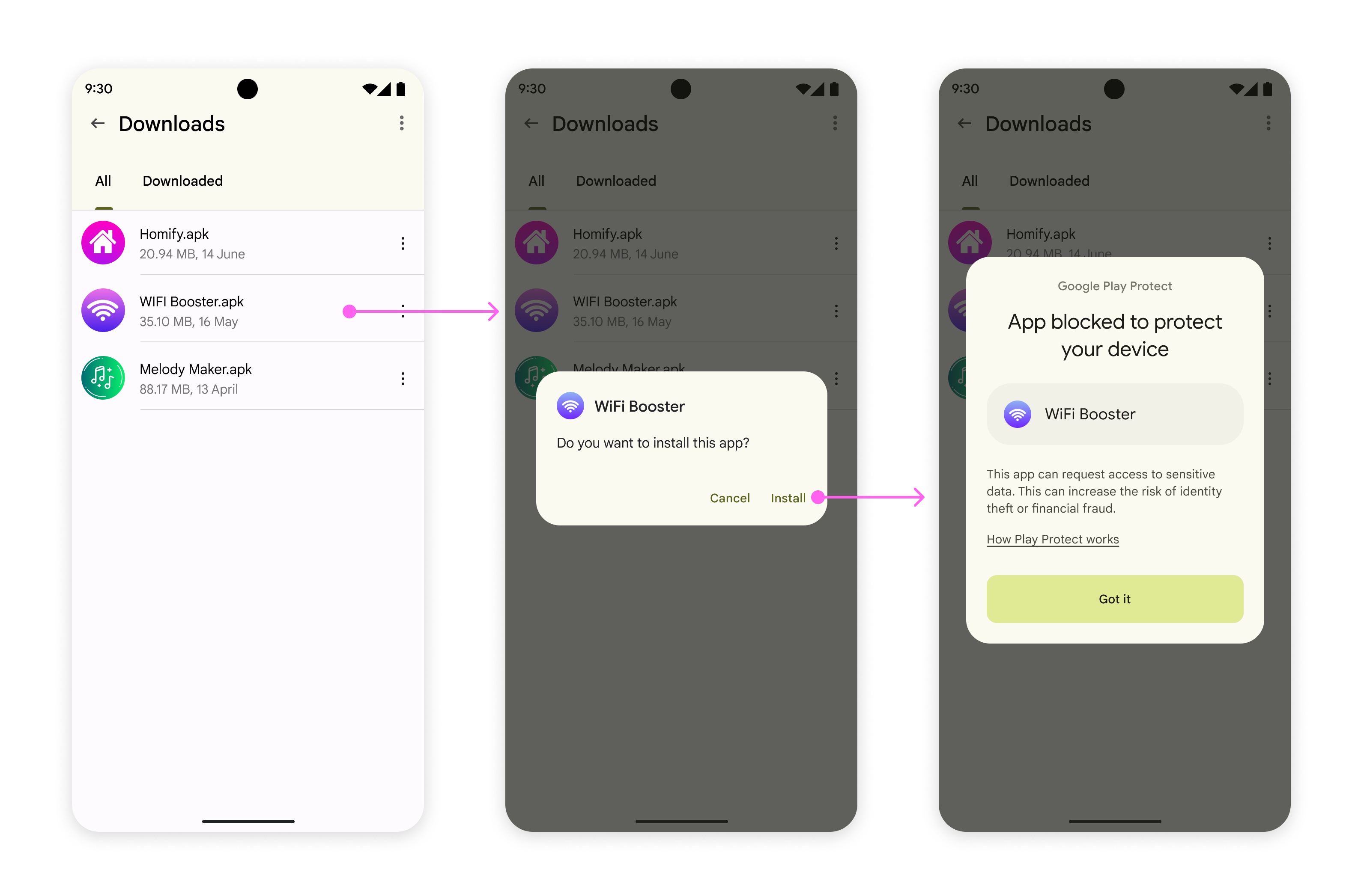 ユーザーがインストール リンクを選択すると、アプリがブロックされていることを説明するポップアップ ダイアログが表示されます