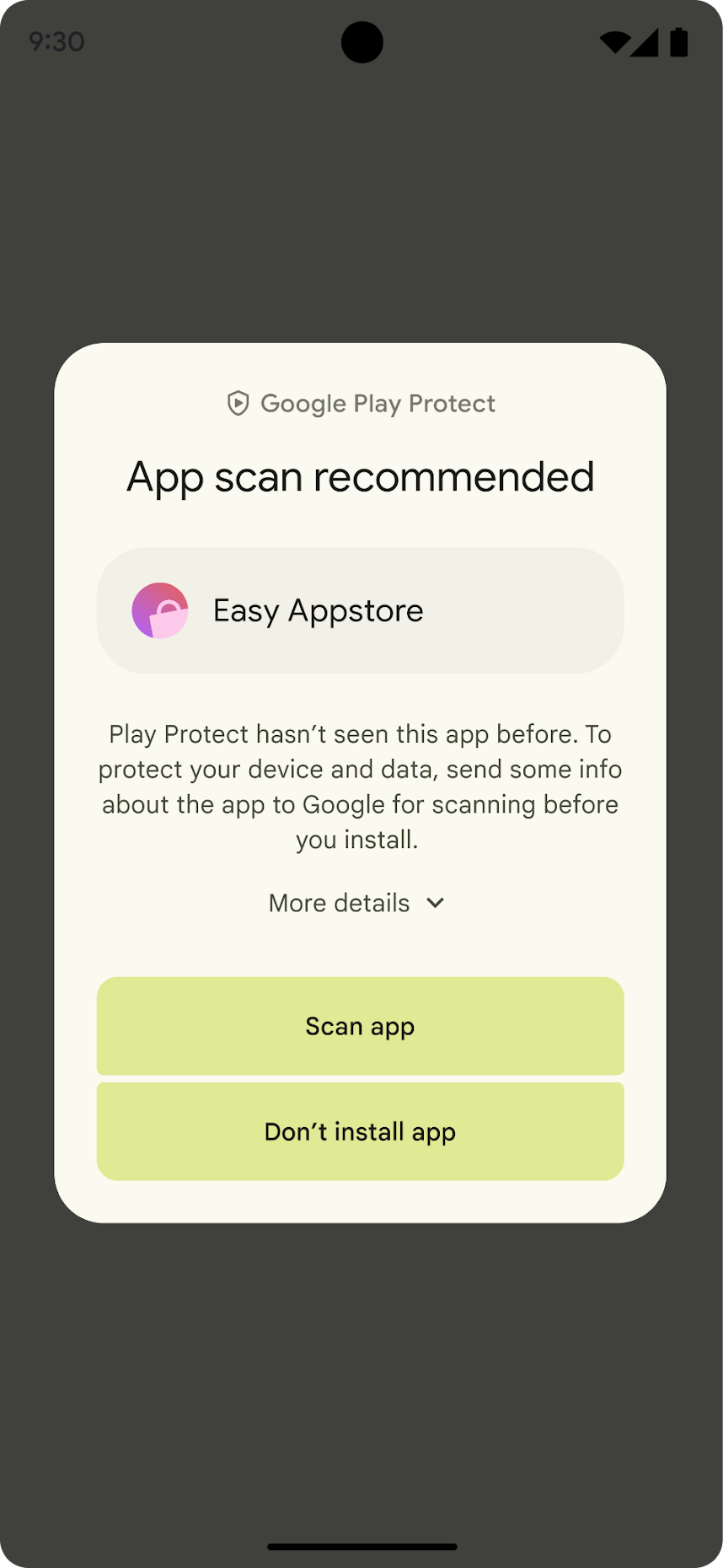 I due pulsanti della finestra di dialogo, dall&#39;alto verso il basso, sono Scansiona app e
    Non installare app