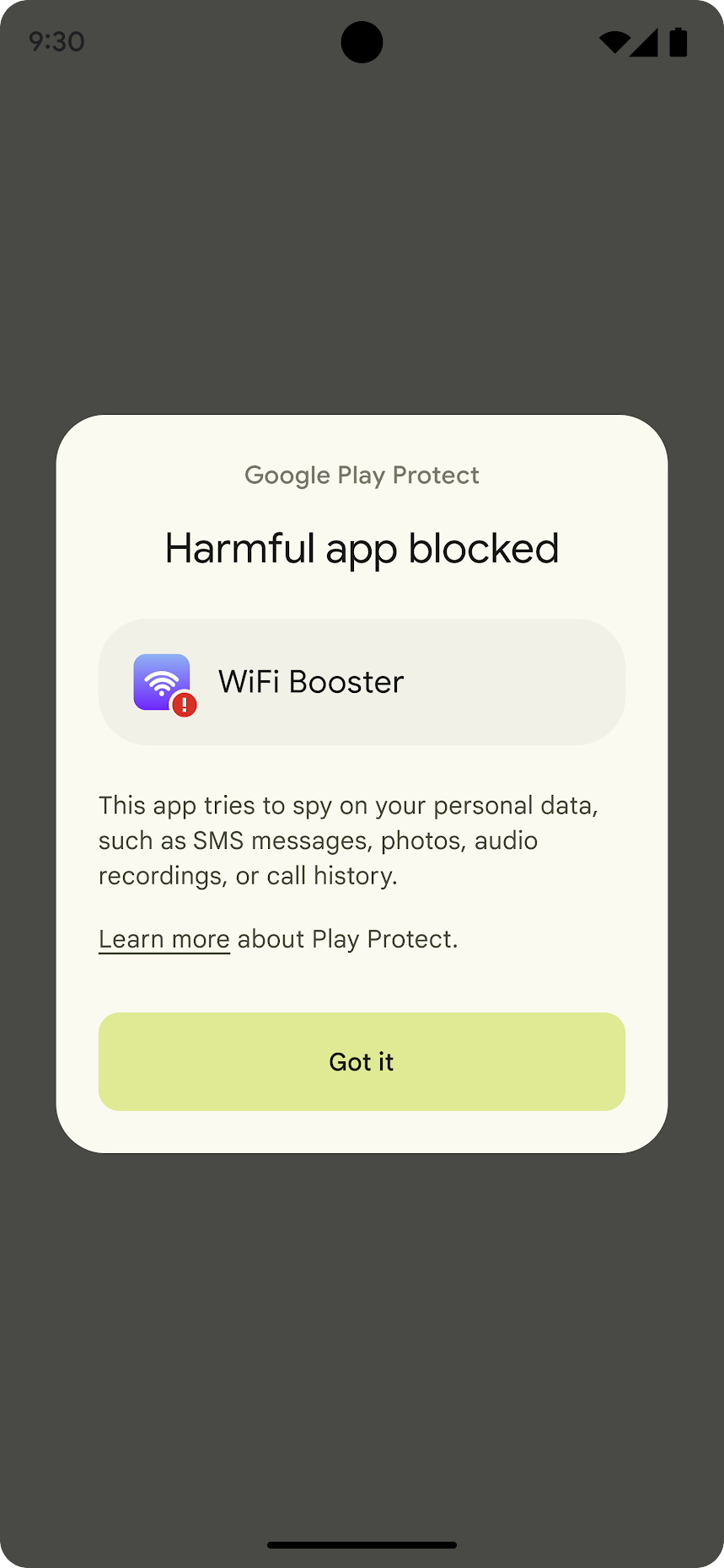 A
    pop-up dialog that explains why the app is blocked, along with a 'Got it'
    link