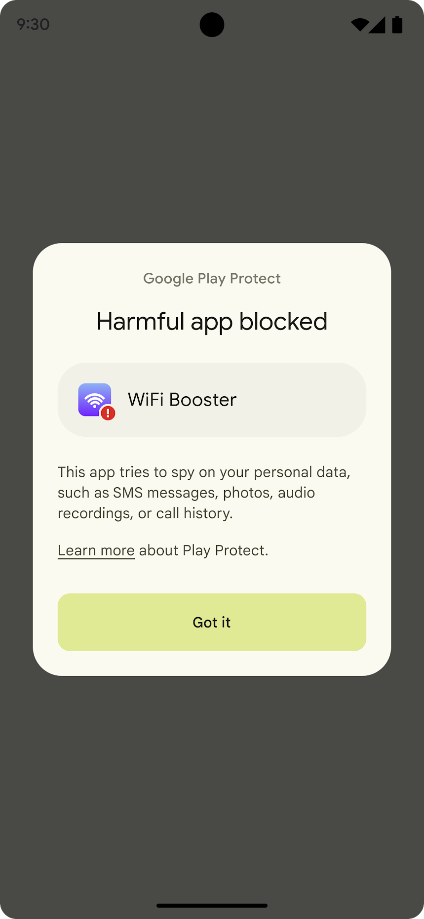 Una
    finestra di dialogo popup che spiega perché l&#39;app è bloccata, insieme a un link &quot;Ok&quot;