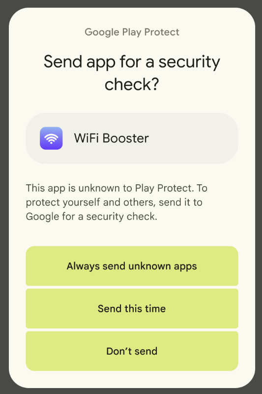 The three buttons in the dialog, from top to bottom are Always send
    unknown apps, Send this time, and Don't send