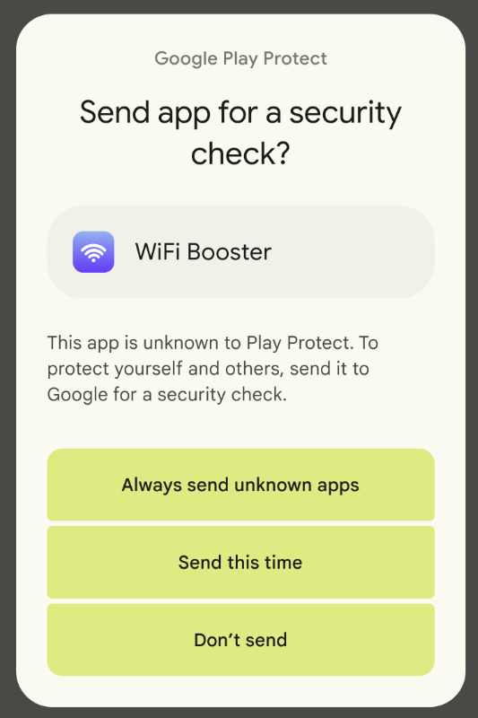 ダイアログの [不明なアプリを常に送信する]、[今回のみ送信する]、[送信しない] の 3 つのボタン
