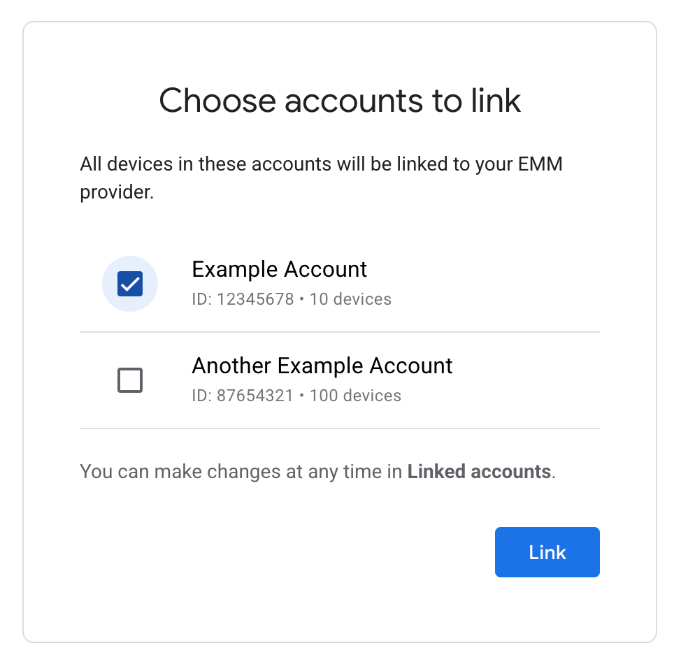 Schermata dell'elenco di account iframe zero-touch