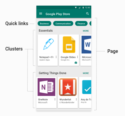 Um exemplo de tela de um dispositivo de usuário mostrando os elementos do layout de uma loja, incluindo links rápidos, páginas e clusters de apps.