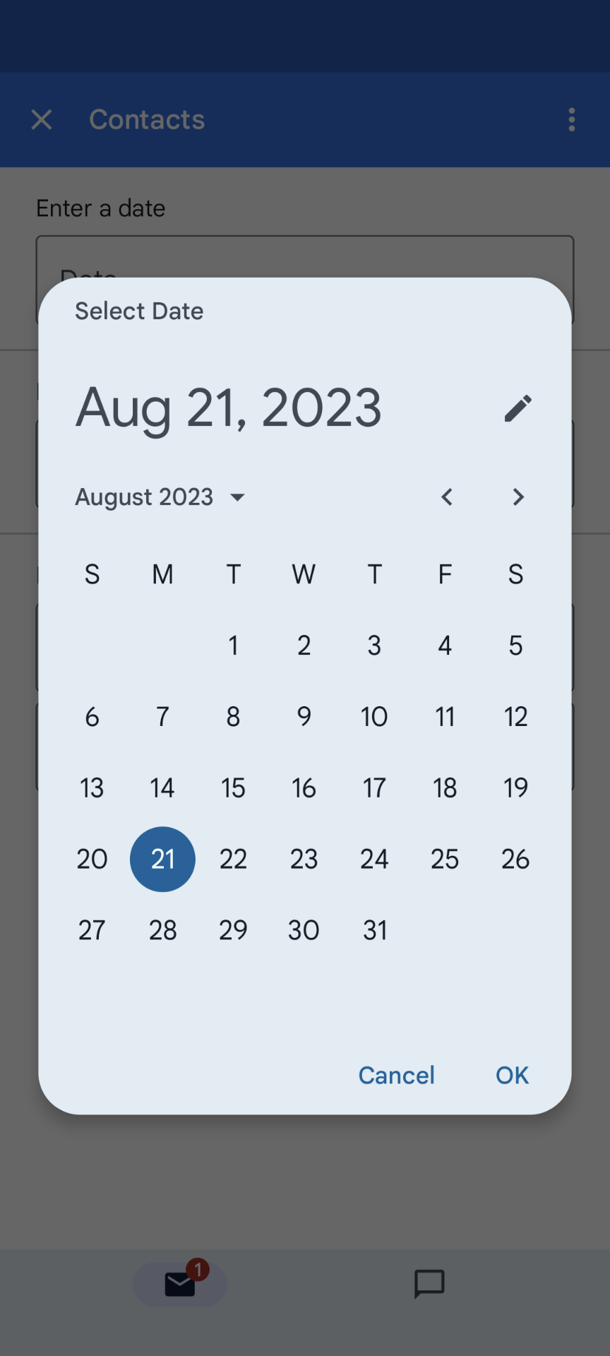 ejemplo de selección del selector de fecha en dispositivos móviles