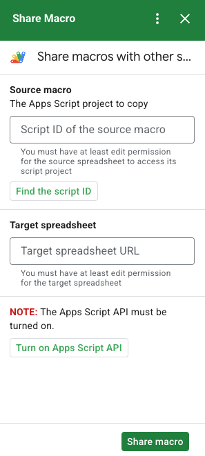 Screenshot des Google Workspace-Add-ons „Makro teilen“