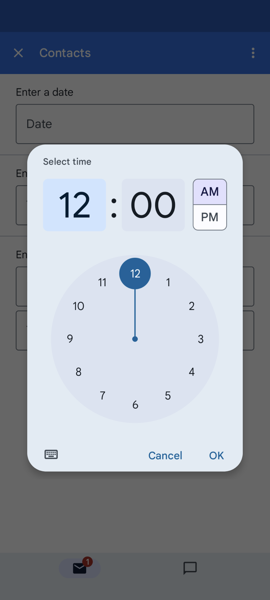 Exemplo de seleção do seletor de horário do dispositivo móvel