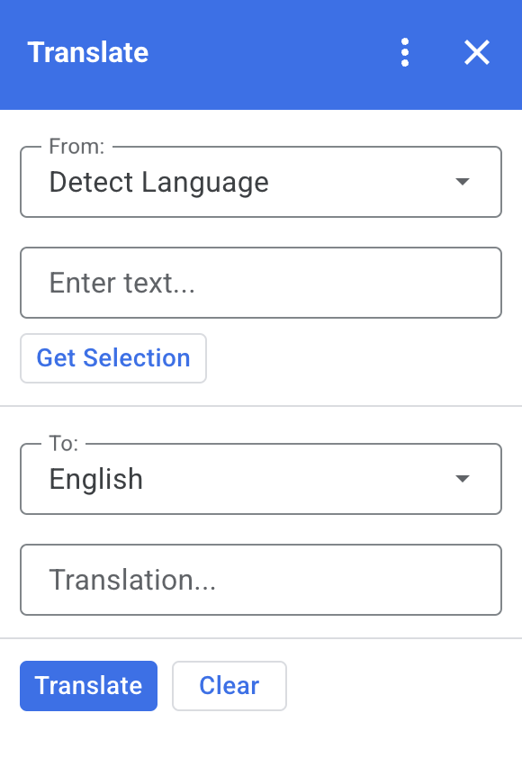Captura de pantalla del complemento de Google Workspace de Traductor