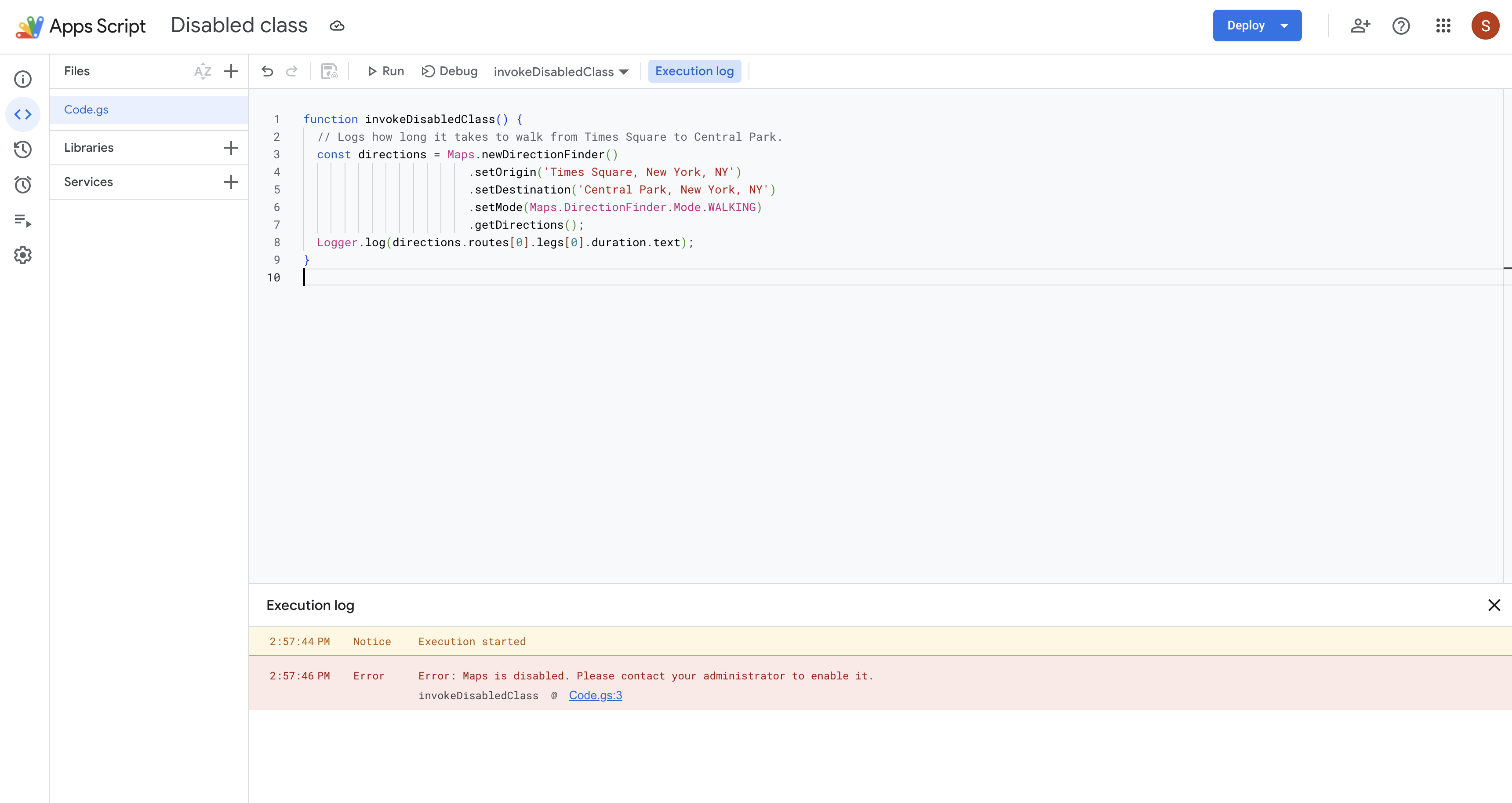 Invocación de clase inhabilitada