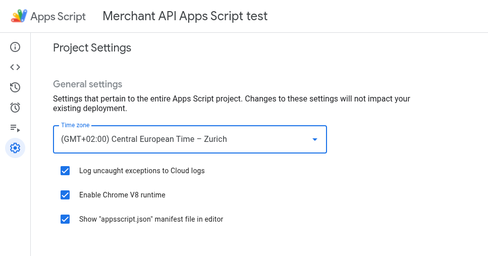 "appsscript.json manifest dosyasını düzenleyicide göster" seçeneğini gösteren Apps Komut Dosyası proje ayarları.