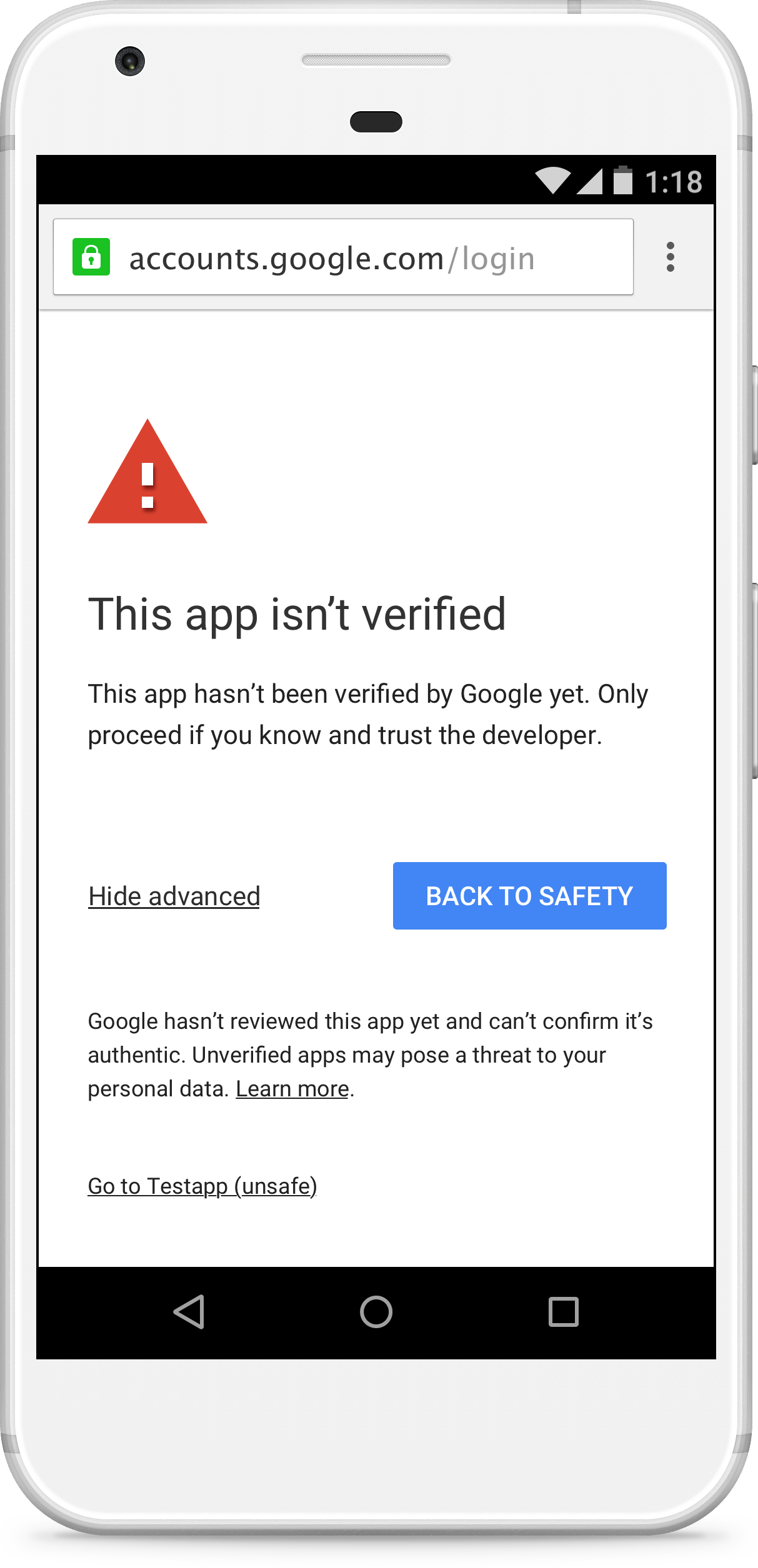 Pantalla de advertencia de app sin verificar