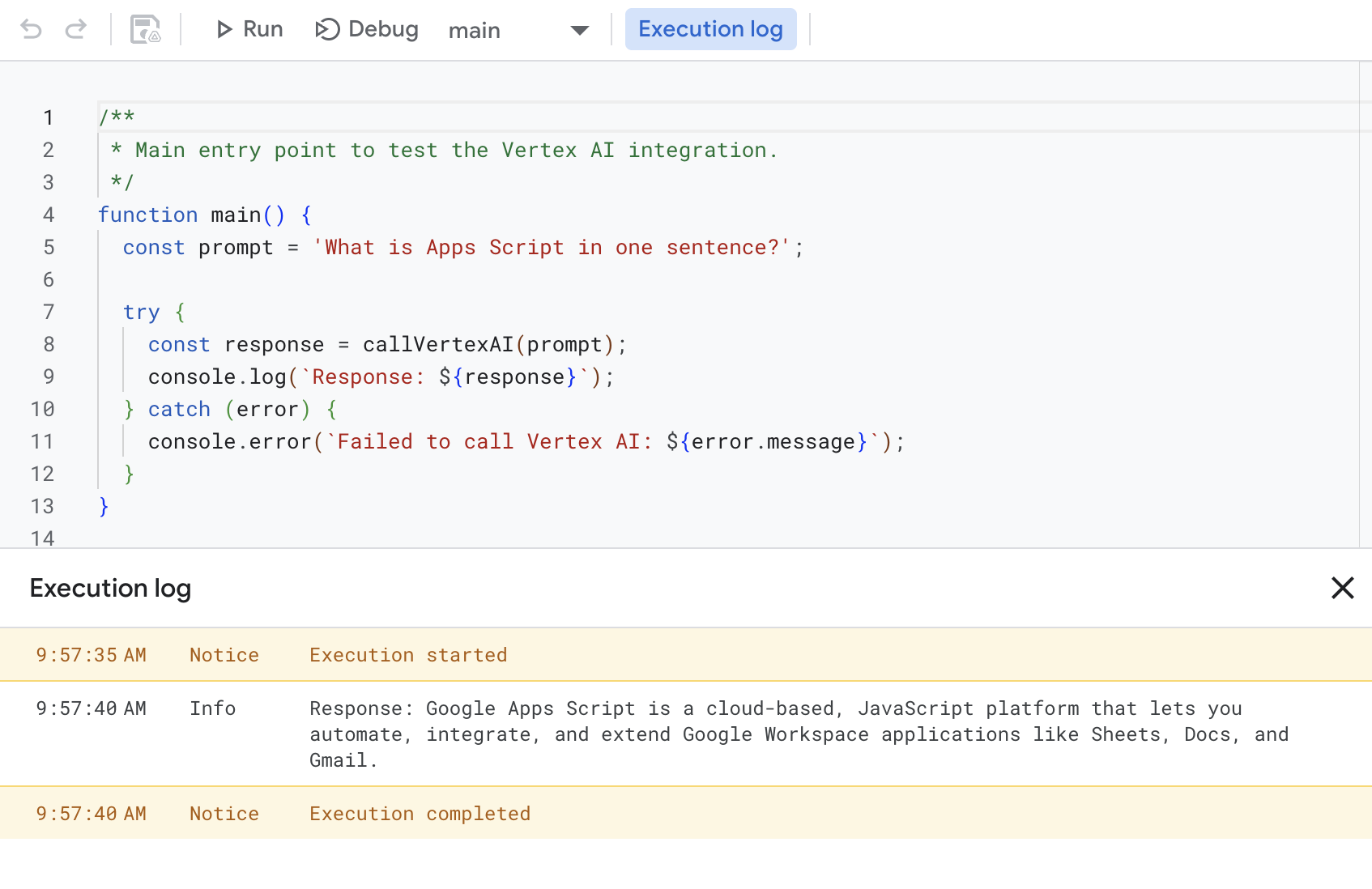 透過 Apps Script 的 Vertex AI 進階服務生成 AI 文字。