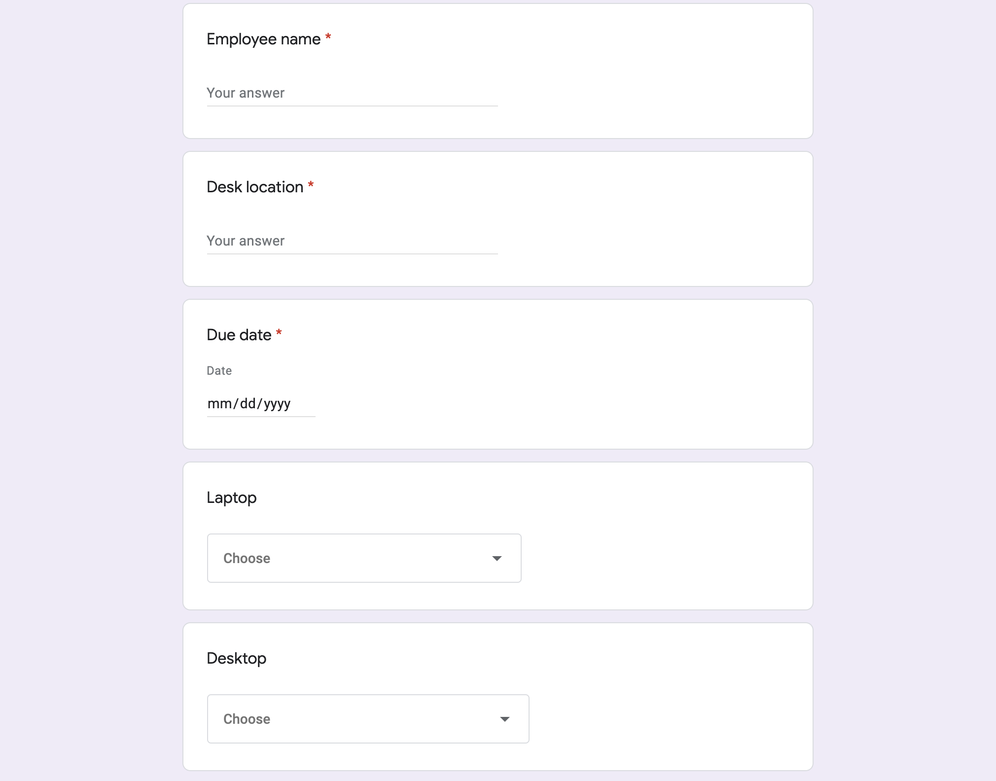 Captura de tela do formulário de solicitação de equipamentos