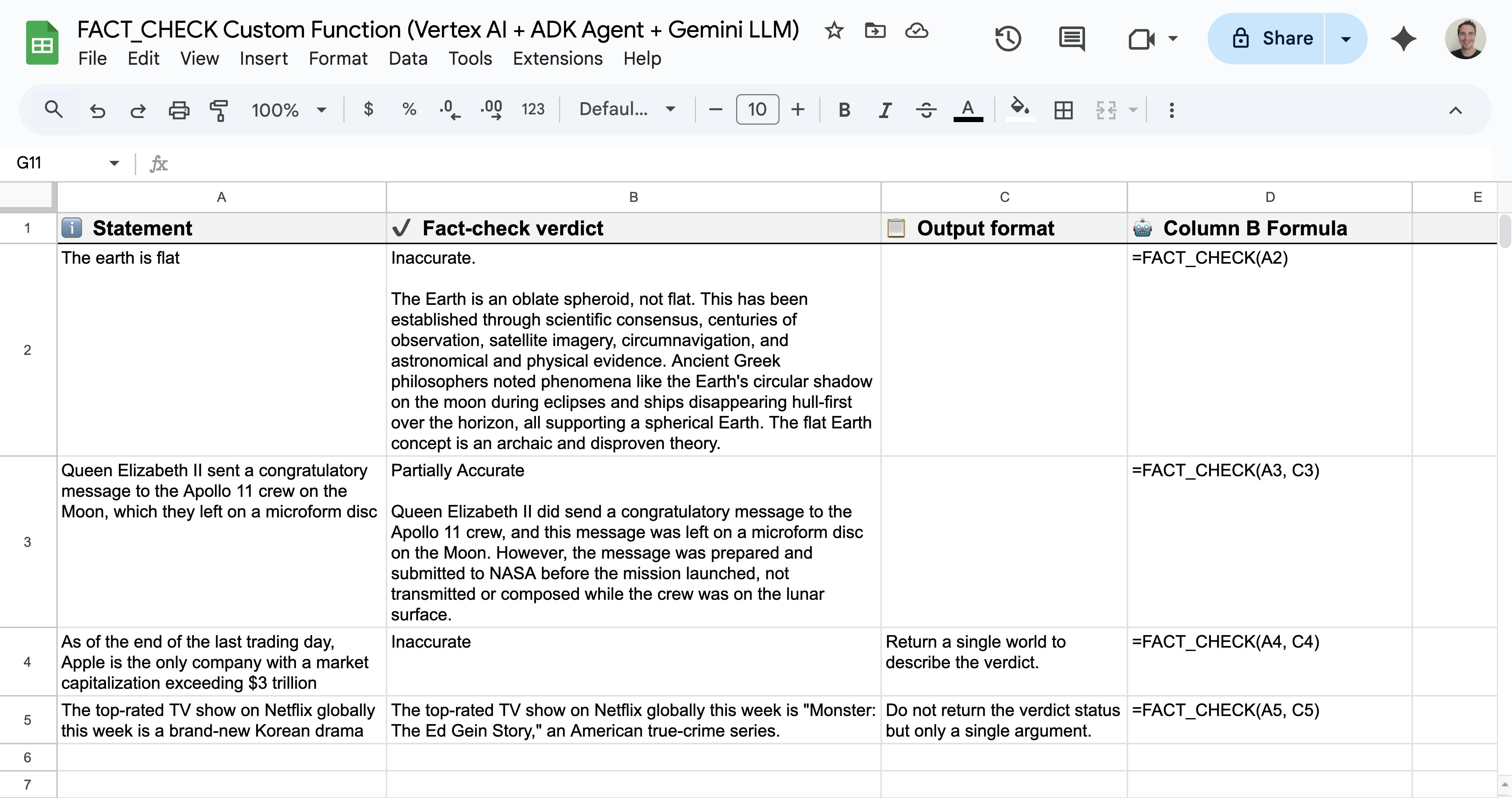 Пример использования пользовательской функции проверки фактов в Google Sheets.
