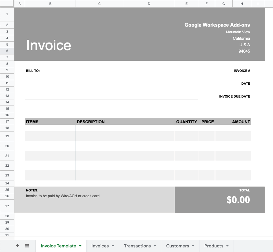 Example of a generated invoice template in Google Sheets.