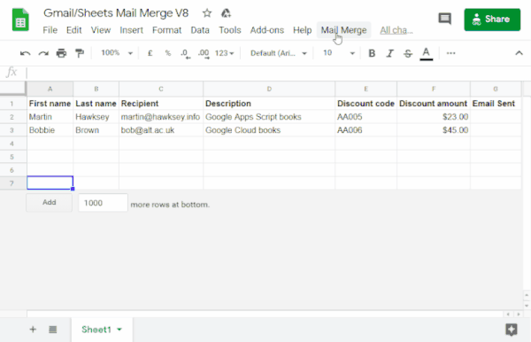 मेल मर्ज की प्रोसेस को अपने-आप पूरा करने की सुविधा, Google Sheets से डेटा को Gmail के ड्राफ़्ट में ट्रांसफ़र करती है.
