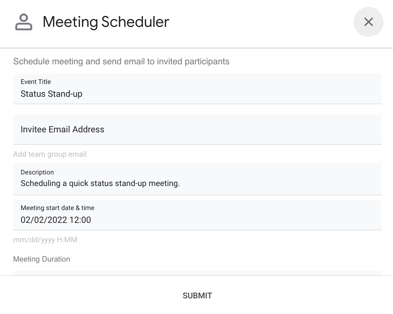 회의 스케줄러 채팅 앱의 대화상자 인터페이스