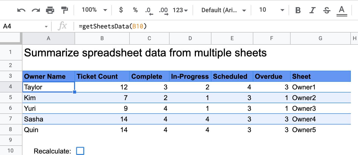 getSheetsData 函式產生的摘要表格，顯示票證狀態計數。