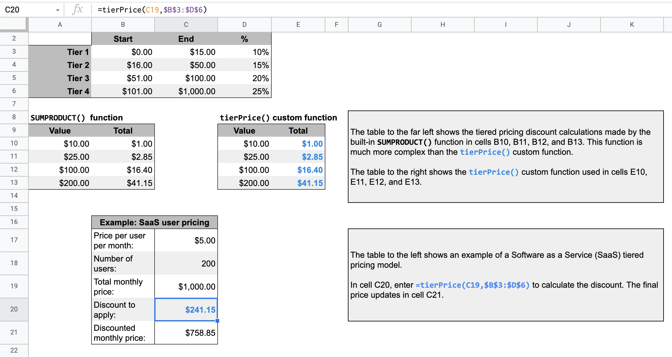 Spreadsheet Google yang menampilkan penghitungan harga bertingkat.