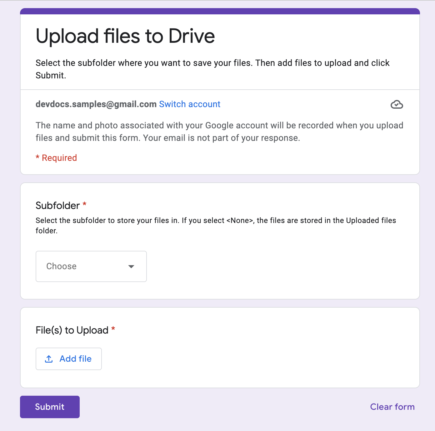 Upload files to Google Drive from Google Forms | Apps Script | Google  Developers