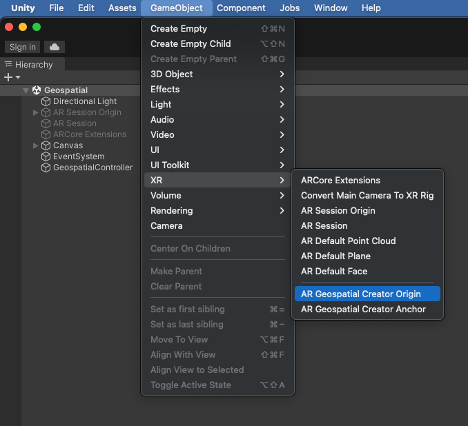 Geospatial Creator Origin GameObject जोड़ना Geospatial Creator Origin GameObject जोड़ना