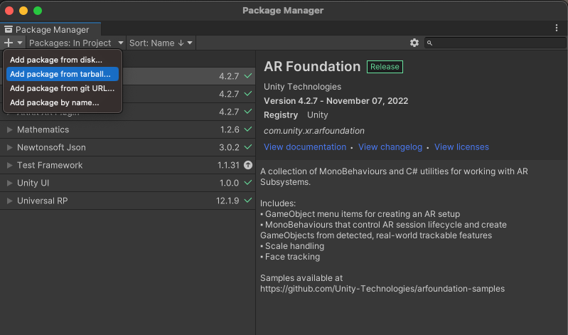 Unity Package Manager Aggiungere un pacchetto .tgz con Unity Package Manager