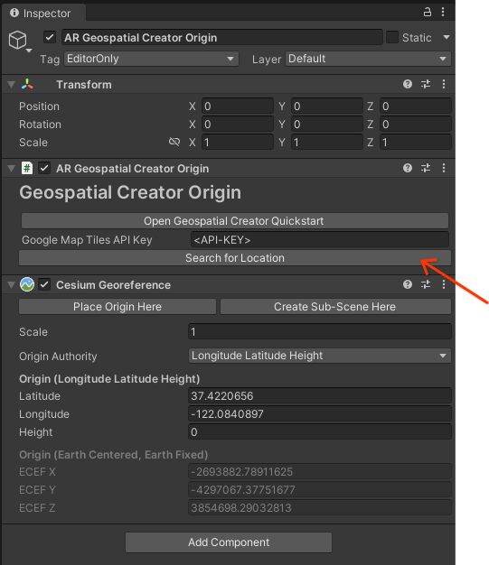 Geospatial Origin inspector pane with
Search button alt_text
