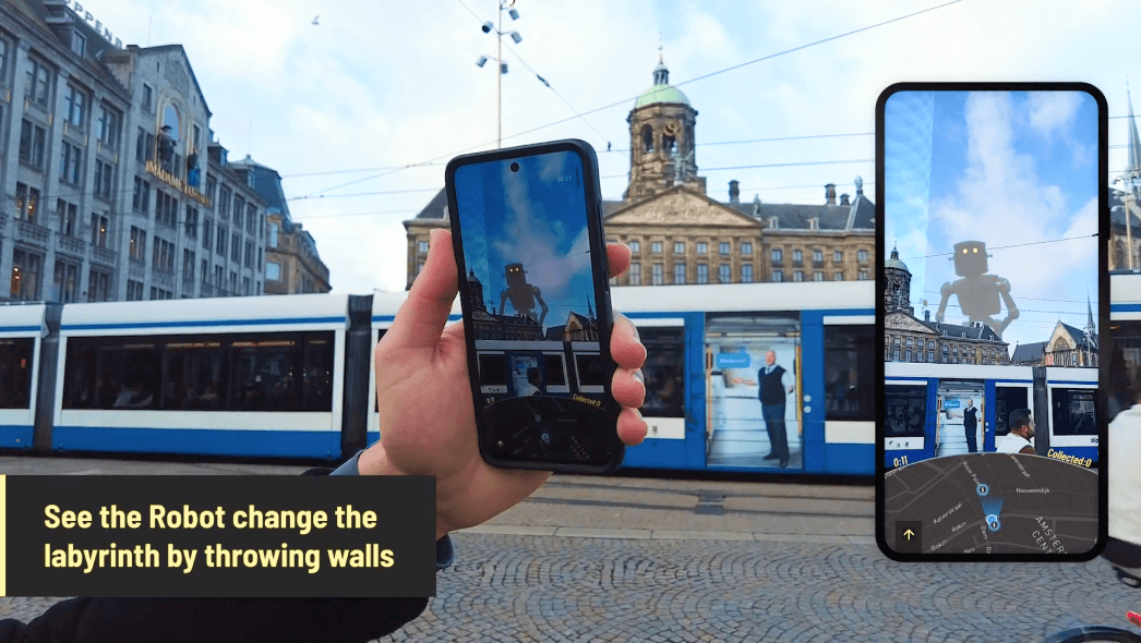 Robot appears behind buildings in a city through a phone screen in augmented reality