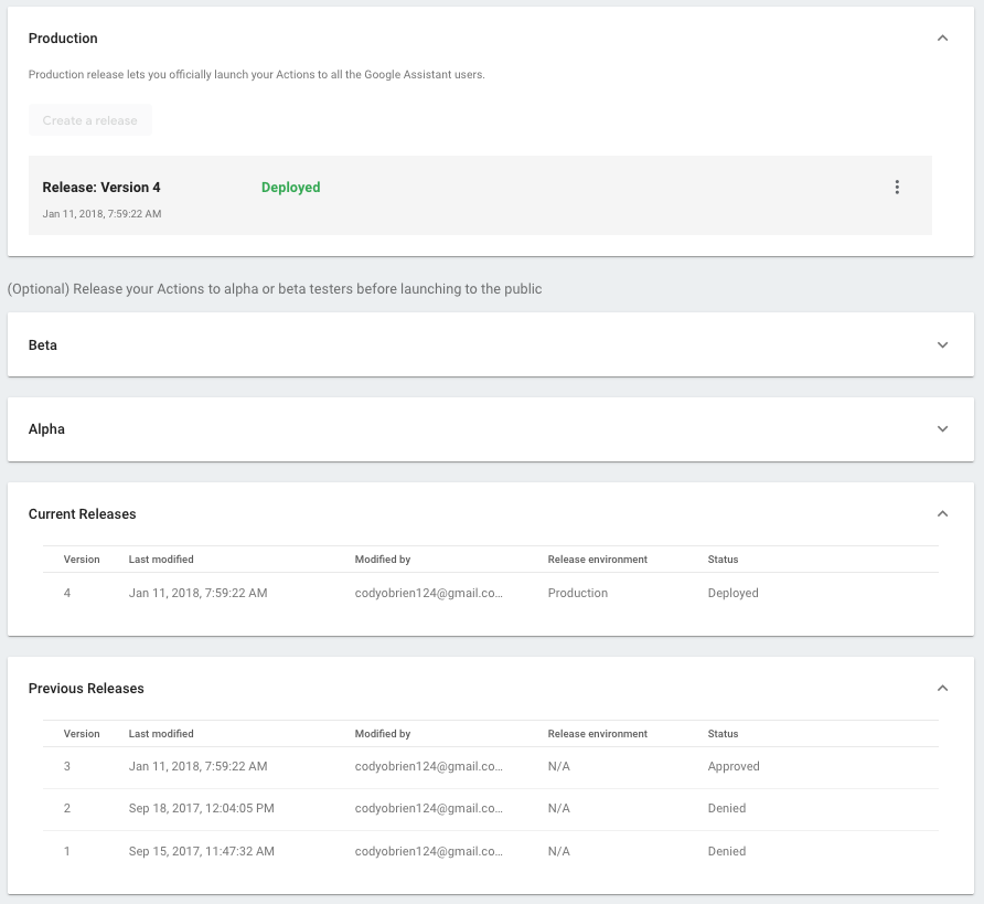 Capture d'écran de la page de présentation des actions montrant les versions précédentes