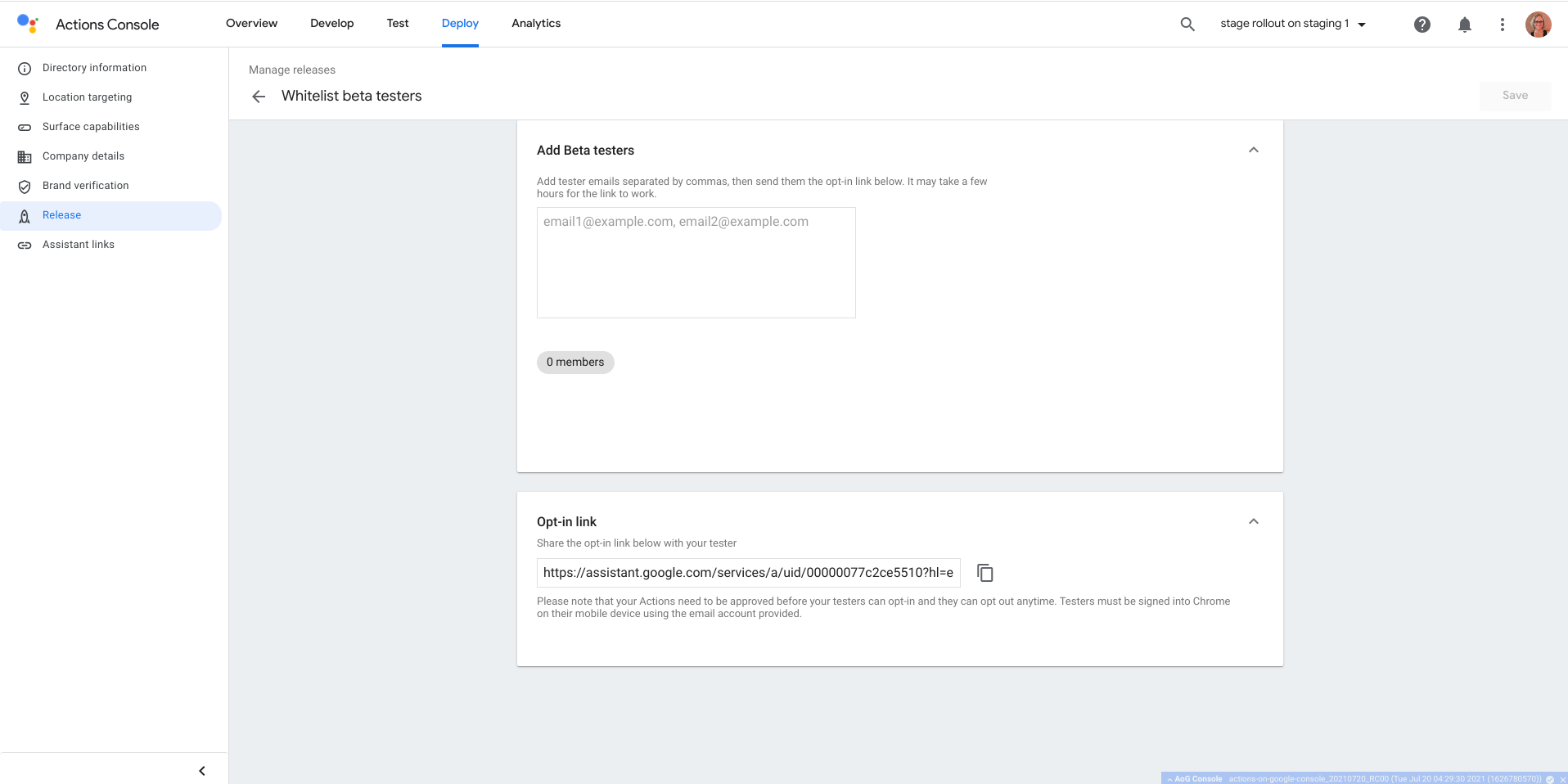 Captura de tela de "Adicionar testadores Beta"