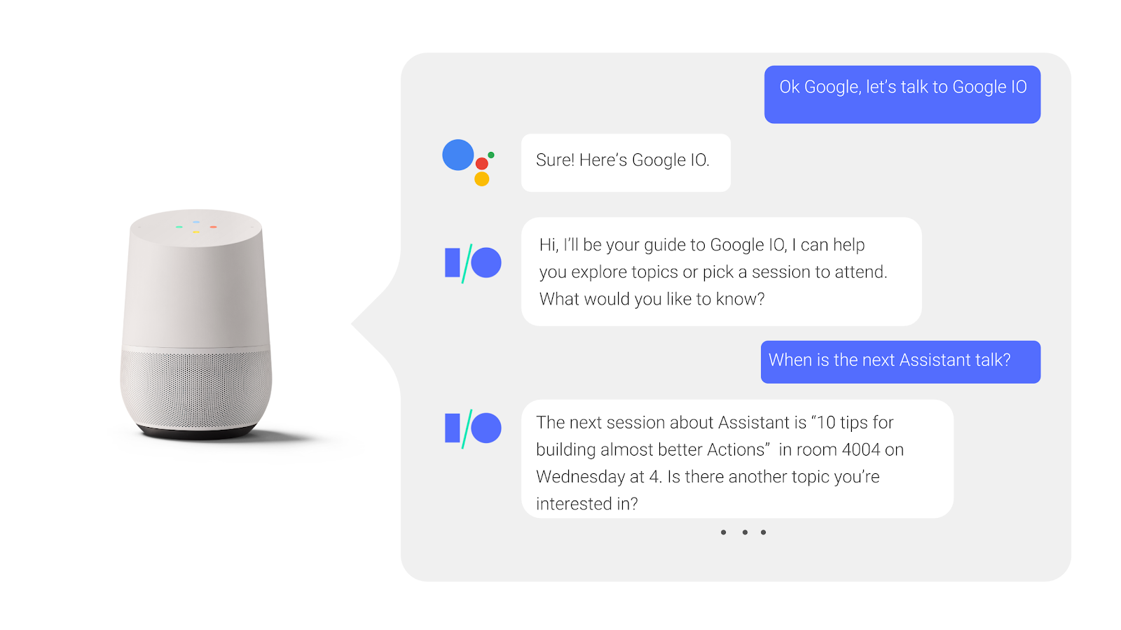 Em uma conversa constante com o Google Assistente, o usuário pergunta sobre uma sessão de conferência e recebe uma resposta.