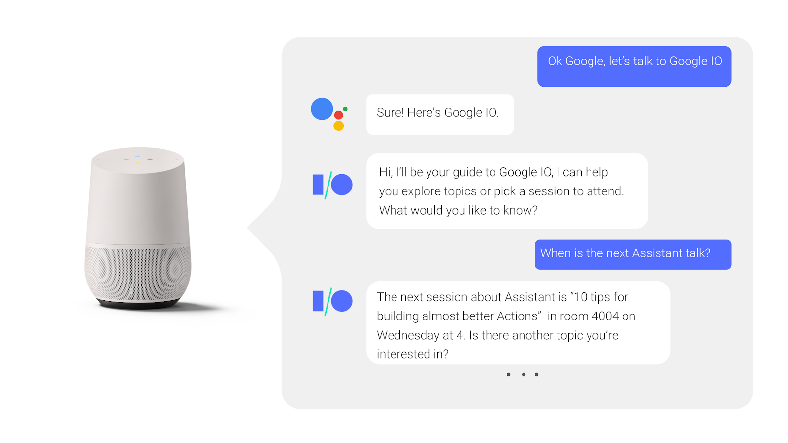 在與 Google 助理的往來對話中,使用者詢問了會議進行期間,並收到答覆。