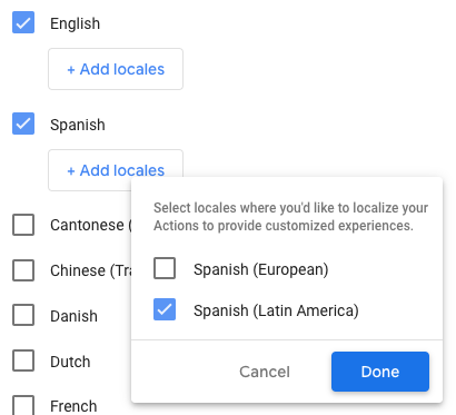 Captura de pantalla de las opciones para agregar idiomas a tu proyecto de Acciones