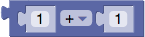 A `math_arithmetic` block with two value inputs separated by an operator
dropdown on which the plus operator is chosen. Each value input contains a
shadow number block, which is greyed out to show another block can replace
it.