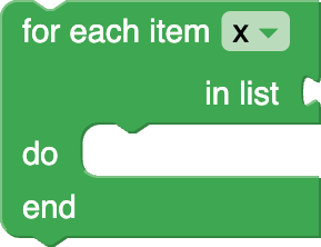 A block with four rows. The first row has the labels "for each" and "item" and
a variable dropdown with "x" chosen. The second row has the label "in list" and
a value input. The third row has the label "do" and a statement input. And the
last row has the label "end".