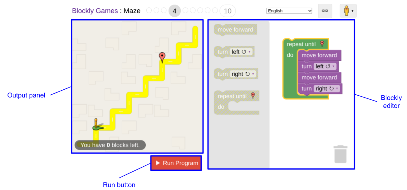 UI aplikasi labirin dengan editor, panel output, dan tombol Jalankan.