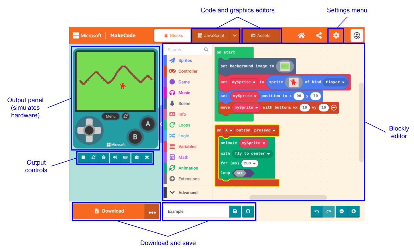 The MakeCode Arcade user
interface.