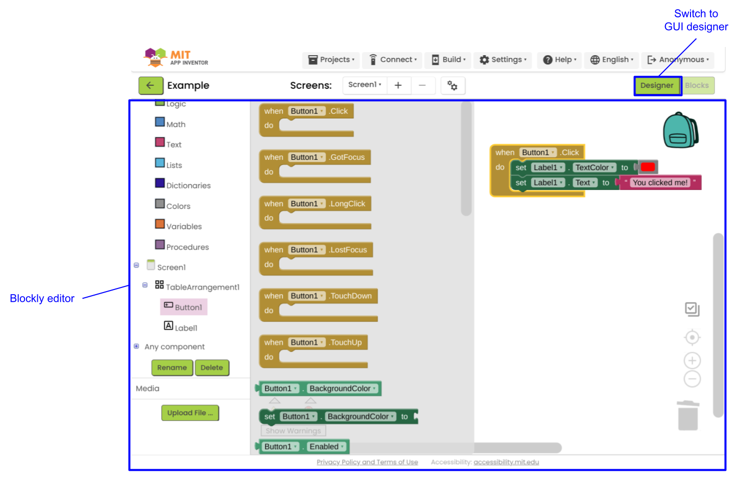App Inventor kullanıcı arayüzündeki Blockly düzenleyici