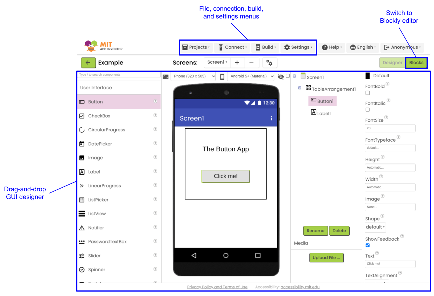 El diseñador de GUI en la interfaz de usuario de App Inventor