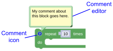 A block with a comment icon and an open comment
editor.