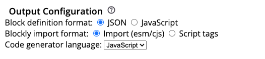 Captura de tela do painel de configuração de saída, com seletores para o formato de importação do Blockly, o formato de definição de bloco e a linguagem do gerador de código