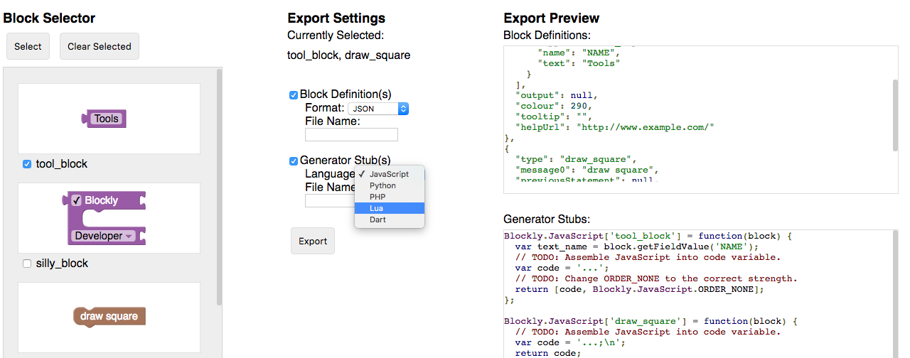 The entire Block Exporter tab. This has a Block Selector area, an Export
Settings area, and an Export Preview
area.