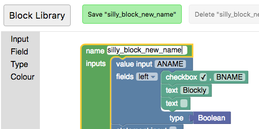 The Block Factory tab with Save and Delete buttons that include the block
name.