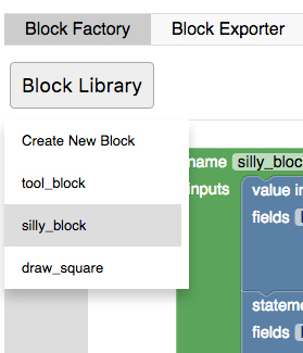 Dropdown Block Library dengan empat entri: "Create New Block" dan nama
tiga blok yang dibuat sebelumnya.