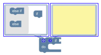 ミューテーターとコメントのふきだしが開いている同じブロック。ミューテーター バブルを使用すると、ブロックに else 句を追加できます。コメント バブルを使用すると、ブロックに関するコメントを入力できます。